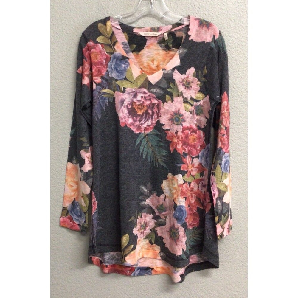 Soft Surroundings Midnight Blooms Rose Floral Knit Tunic Sweater Top VNeck Small